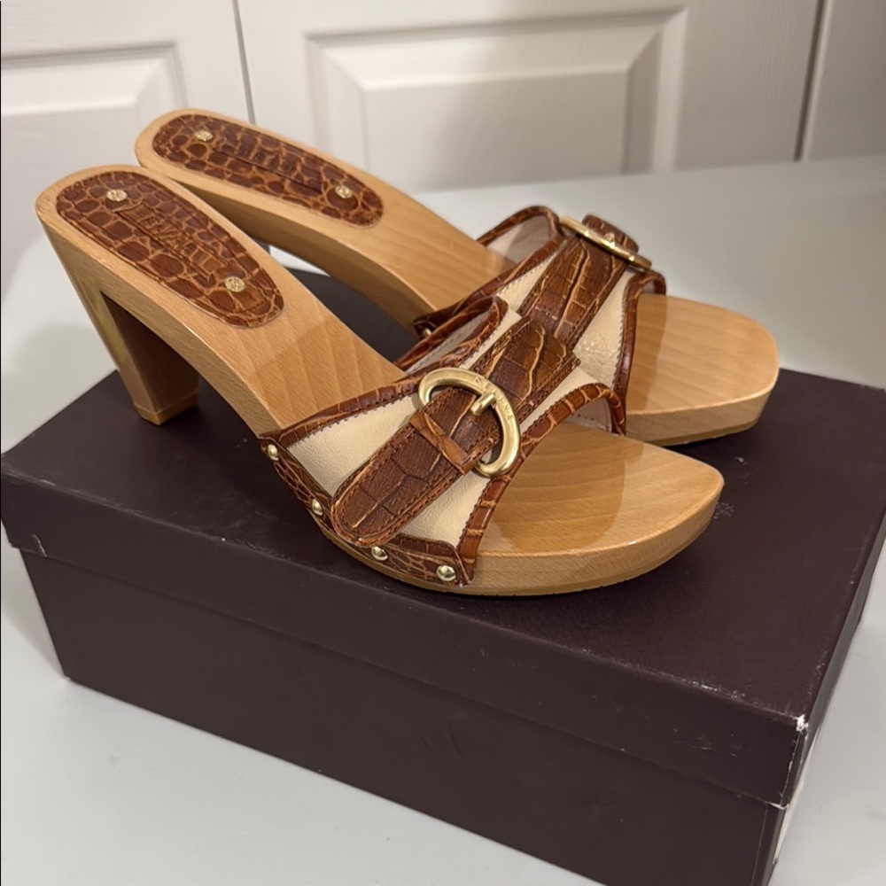 Celine Brown and Cream Heeled Mules